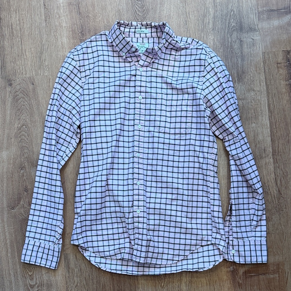 J. Crew Pink and White Checked Long-Sleeve Dress Shirt